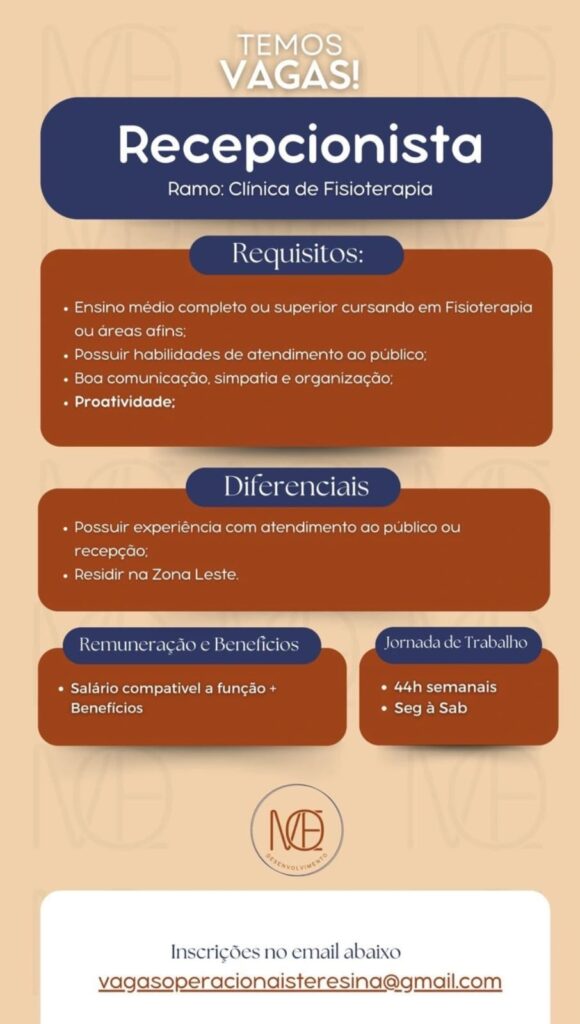 Vaga de emprego para Recepcionista