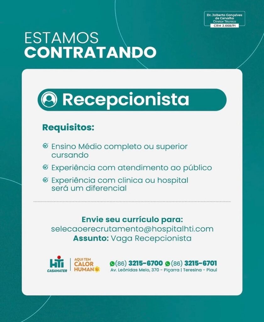 Vaga de emprego para Recepcionista