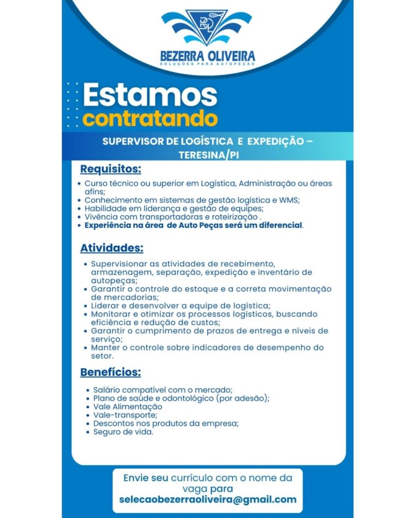 Vaga de emprego para Supervisor de Logística e Expedição