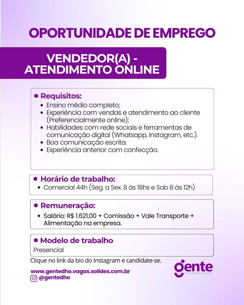 Vaga de emprego para Vendedor(a) - Atendimento Online