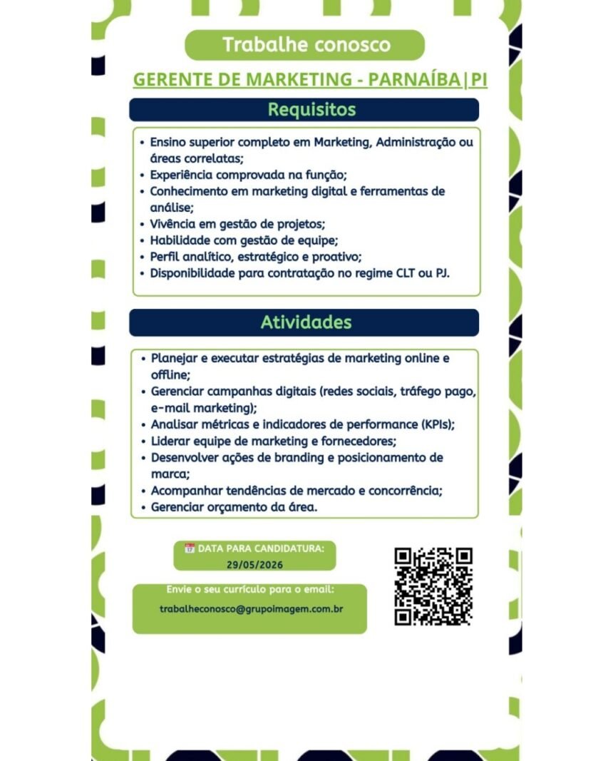 Vaga para Gerente de Marketing em Parnaíba