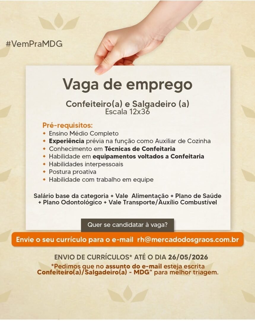 Vagas de emprego para Confeiteiro(a) e Salgadeiro(a)