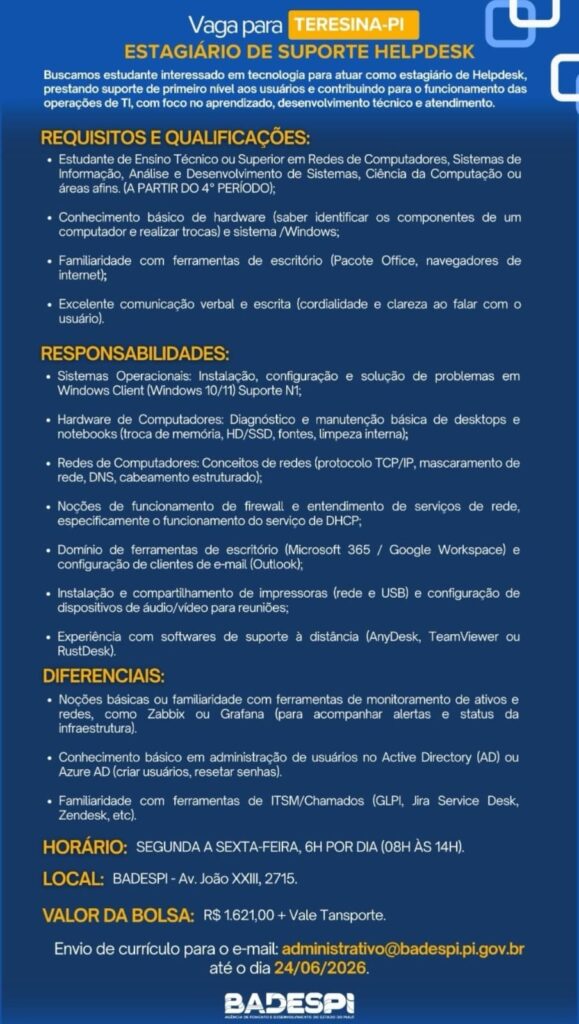 Vaga de Estágio para Suporte Helpdesk