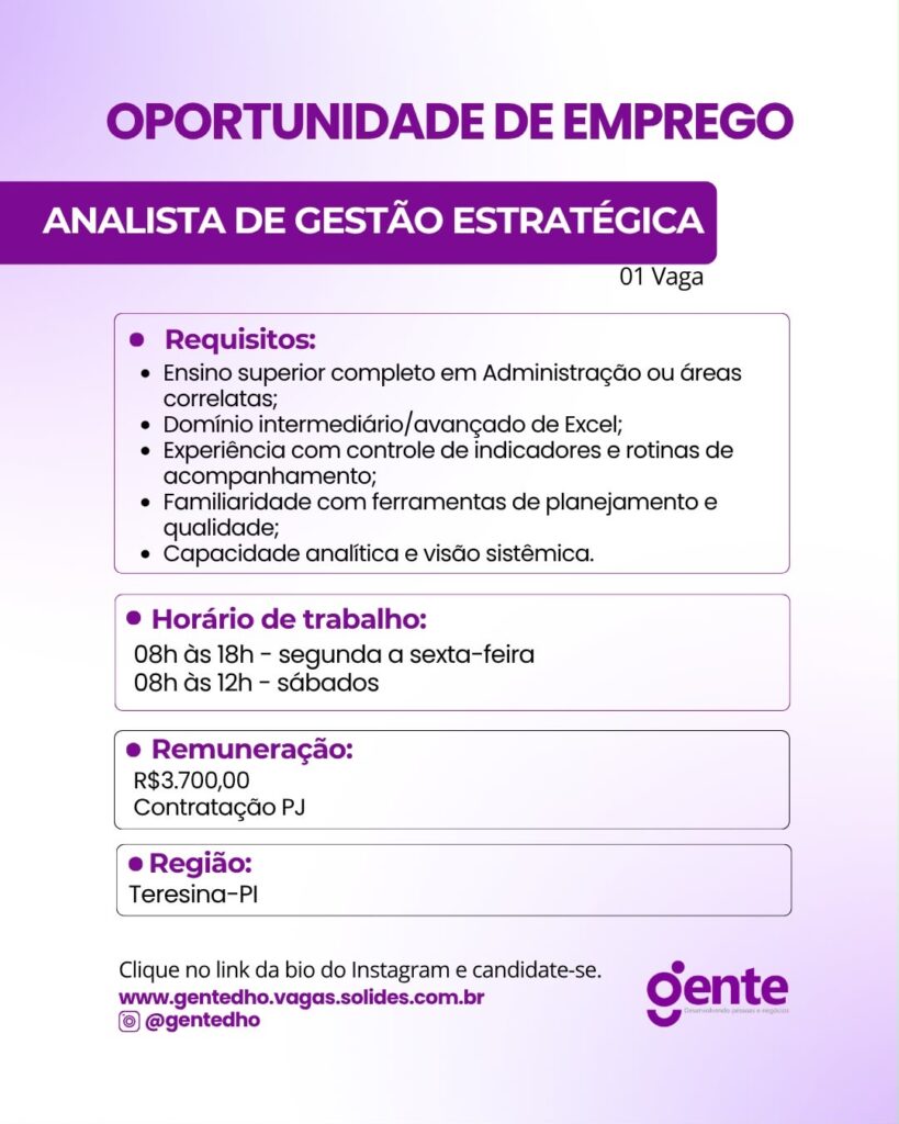 Vaga de emprego para Analista de Gestão de Estratégica