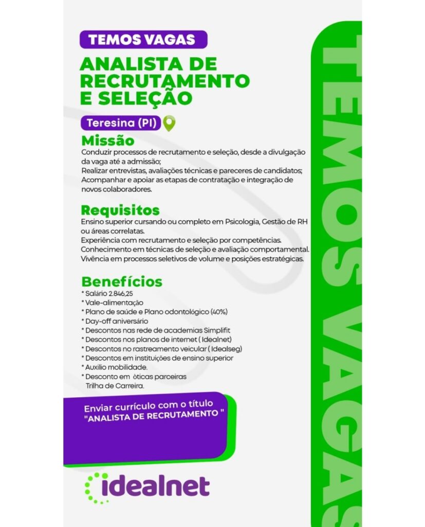 Vaga de emprego para Analista de Recrutamento e Seleção em Teresina