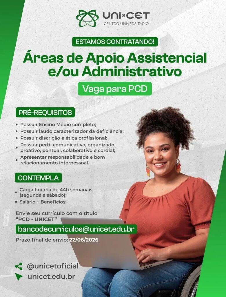 Vaga de emprego para Apoio Assistencial e/ou Administrativo (PCD)