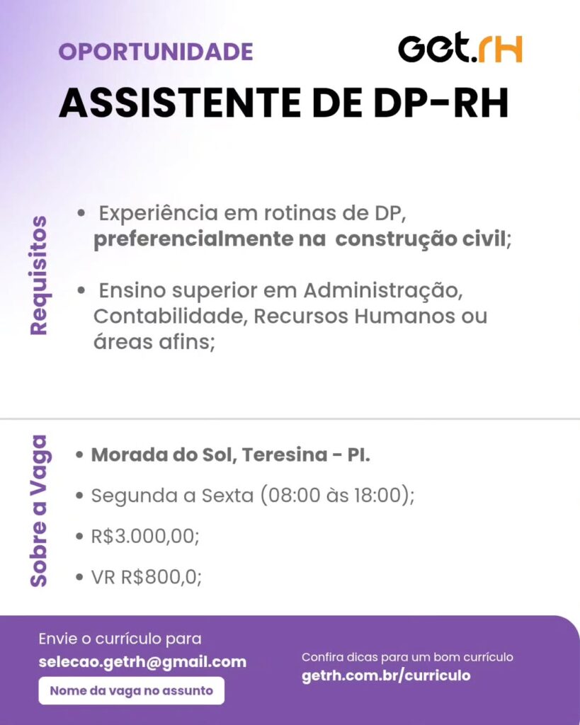 Vaga de emprego para Assistente de DP-RH