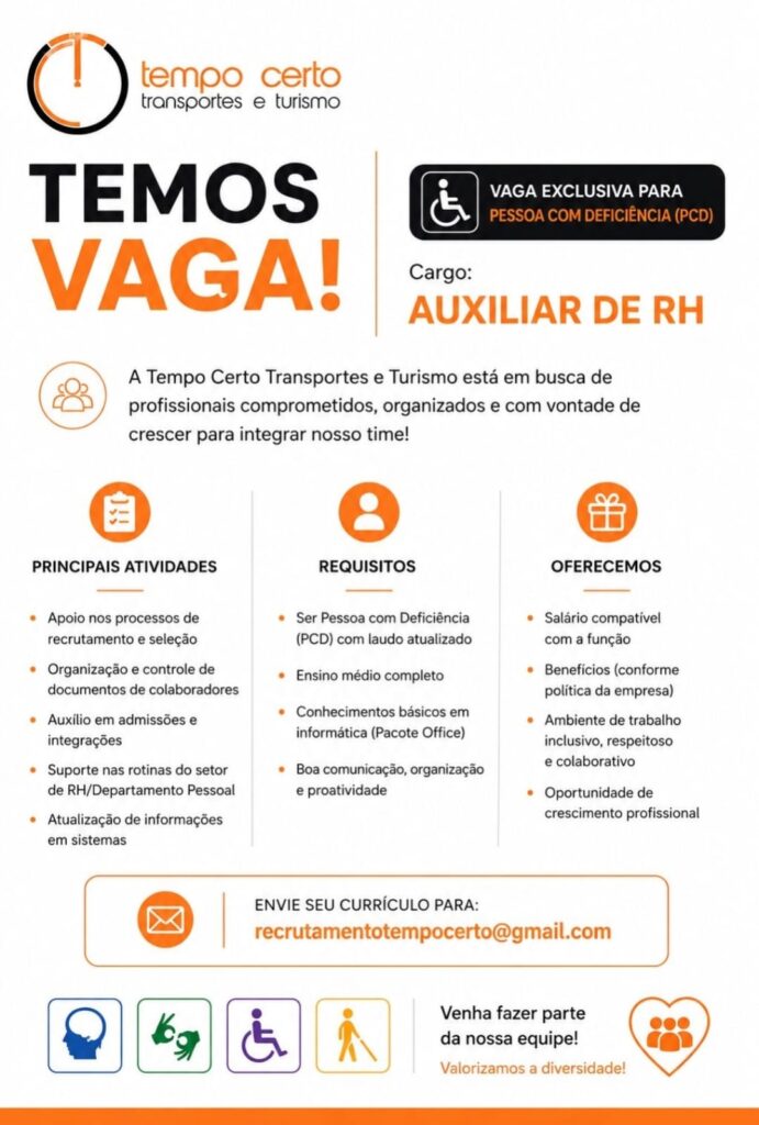Vaga de emprego para Auxiliar de RH (PCD)