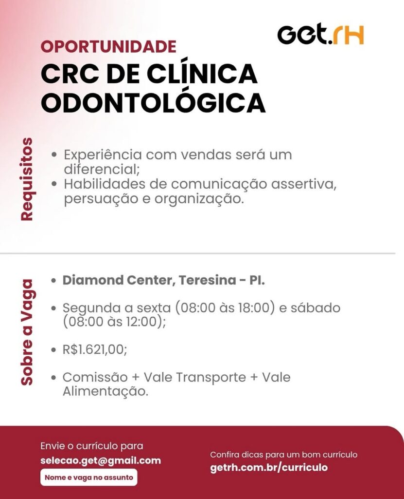 Vaga de emprego para CRC de Clínica Odontológica