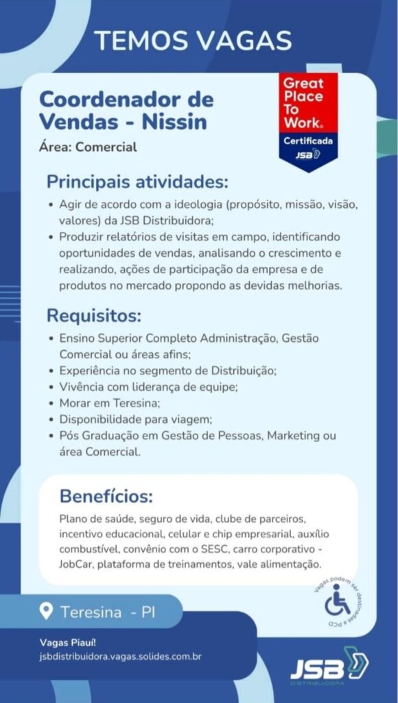 Vaga de emprego para Coordenador de Vendas
