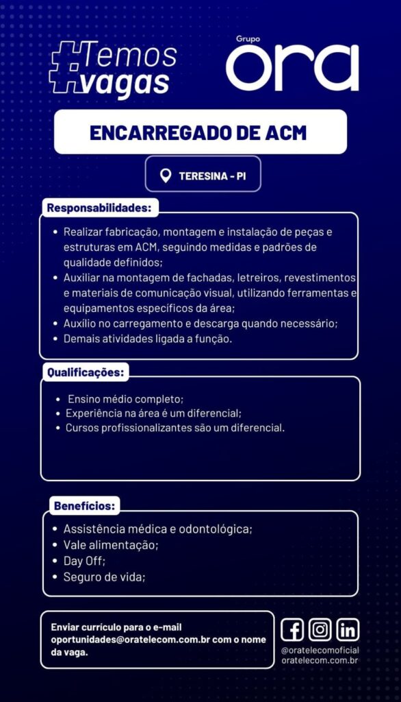 Vaga de emprego para Encarregado de ACM