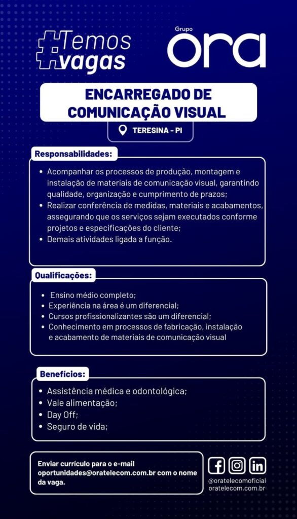 Vaga de emprego para Encarregado de Comunicação Visual