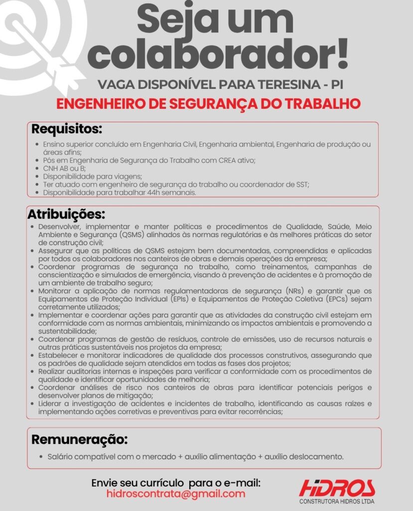 Vaga de emprego para Engenheiro de Segurança do Trabalho