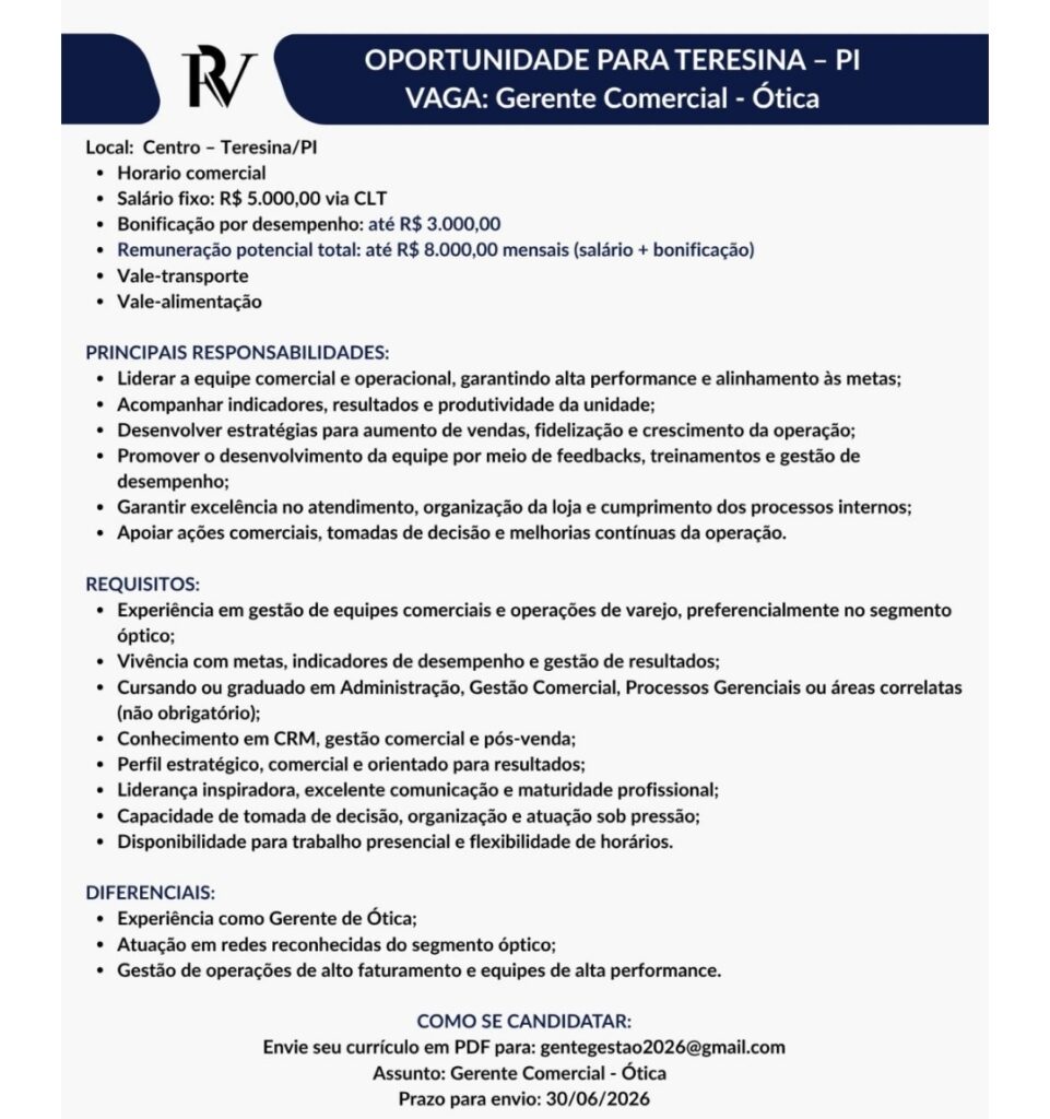 Vaga de emprego para Gerente Comercial - Ótica