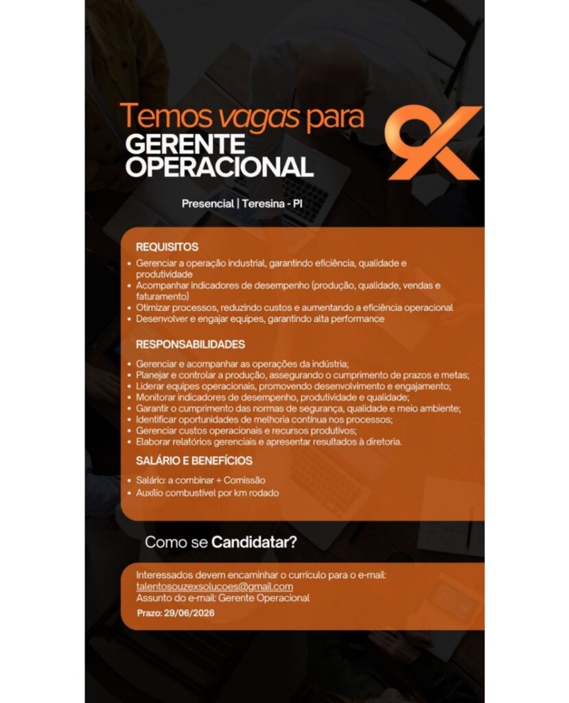 Vaga de emprego para Gerente Operacional