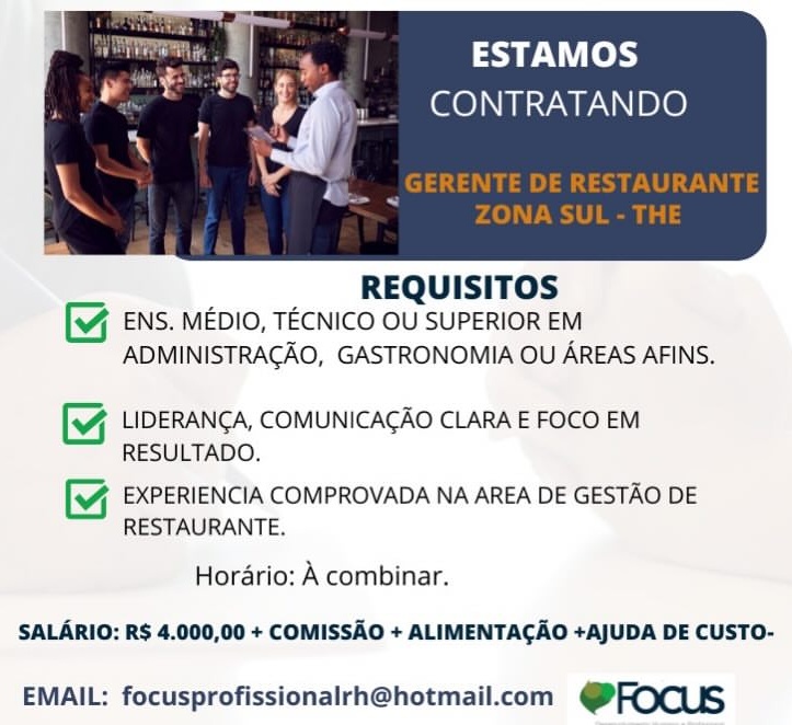 Vaga de emprego para Gerente de Restaurante