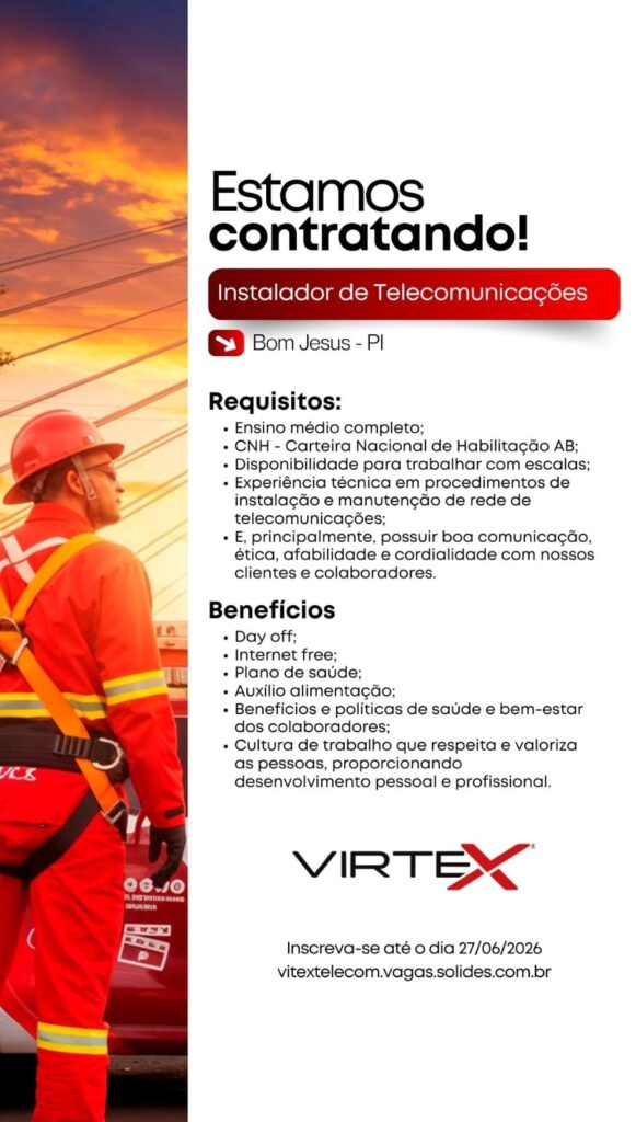Vaga de emprego para Instalador de Telecomunicações em Bom Jesus