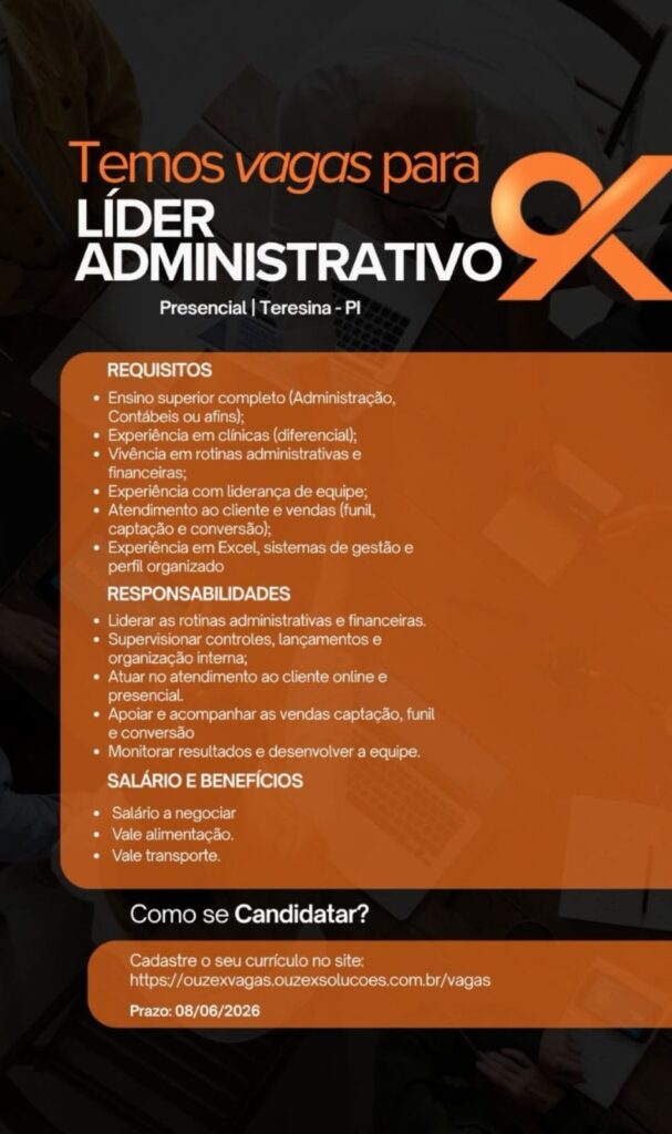 Vaga de emprego para Líder Administrativo em Teresina