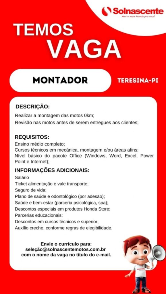 Vaga de emprego para Montador