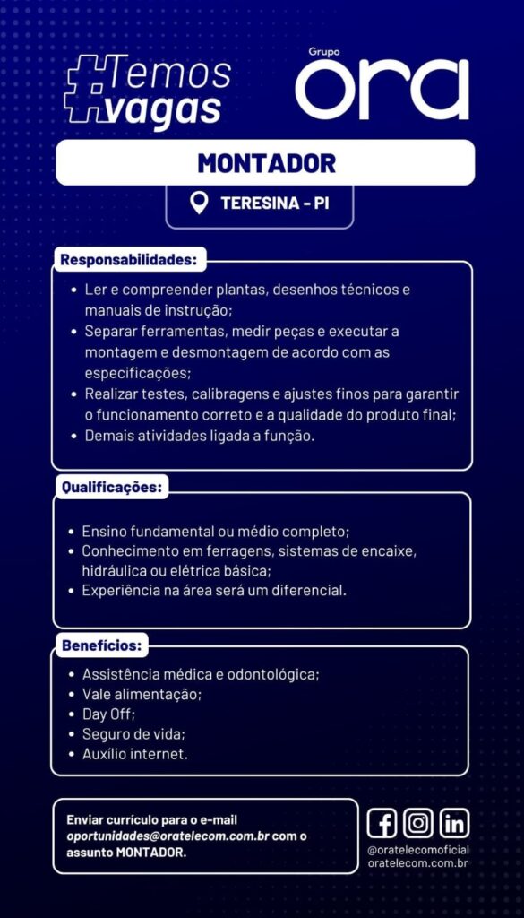 Vaga de emprego para Montador