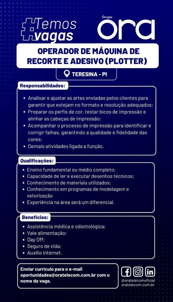 Vaga de emprego para Operador de Máquina de Recorte e Adesivo (Plotter)