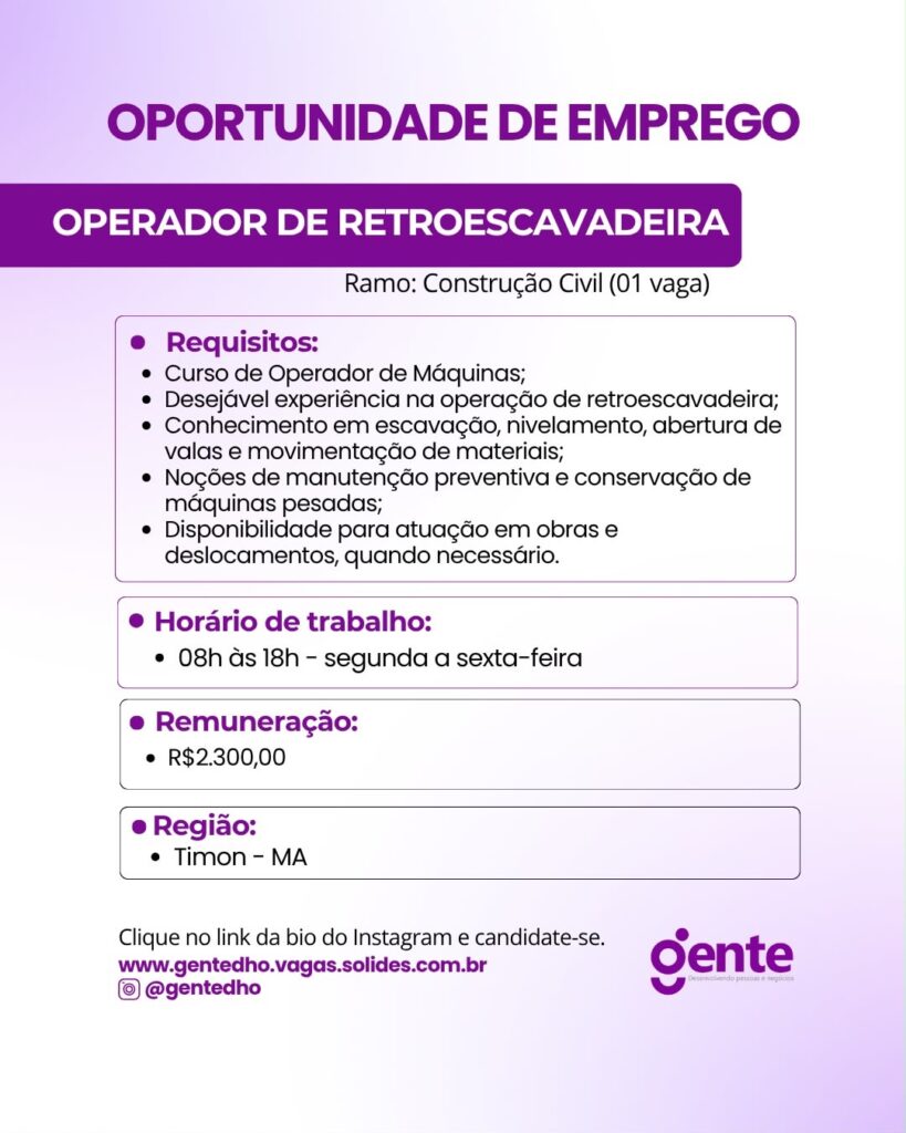 Vaga de emprego para Operador de Retroescavadeira