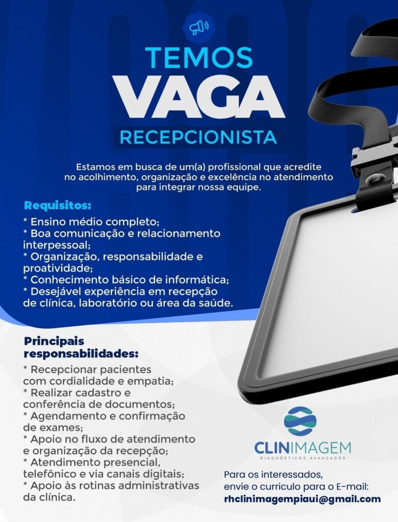 Vaga de emprego para Recepcionista