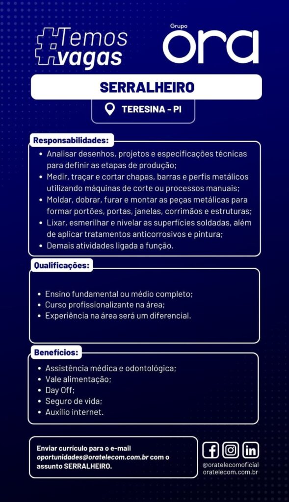 Vaga de emprego para Serralheiro