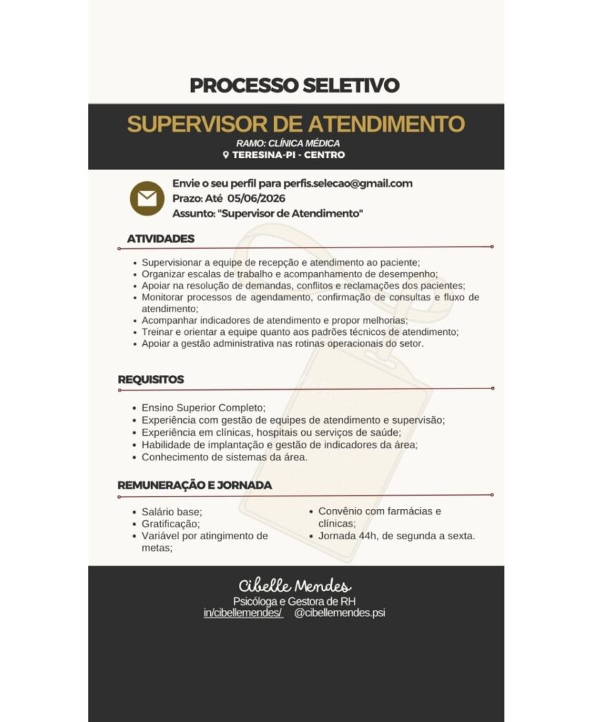 Vaga de emprego para Supervisor de Atendimento