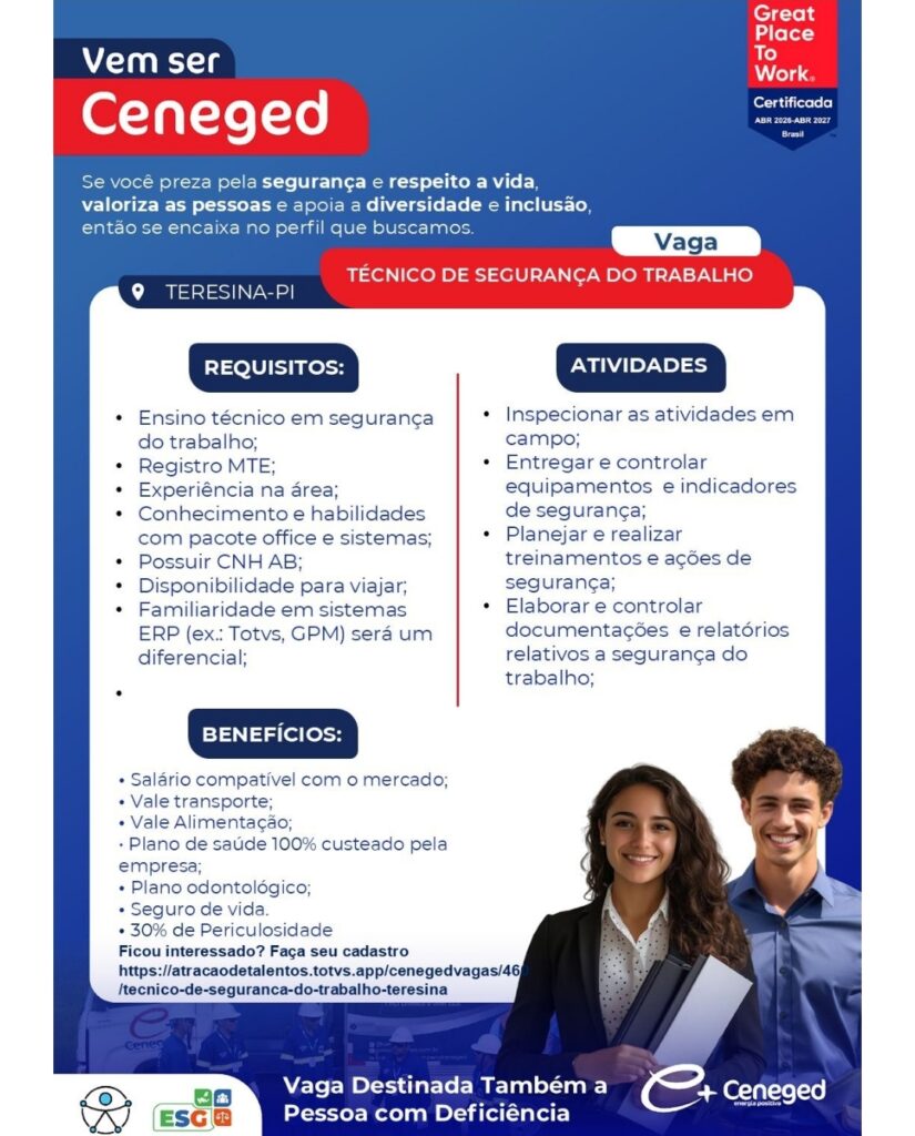 Vaga de emprego para Téc. de Segurança do Trabalho