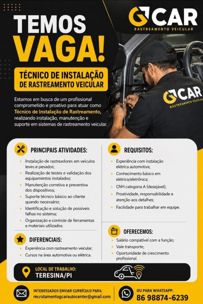 Vaga de emprego para Técnico de Instalação de Rastreamento Veicular