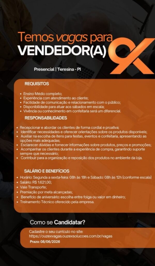 Vaga de emprego para Vendedor(a) em Teresina