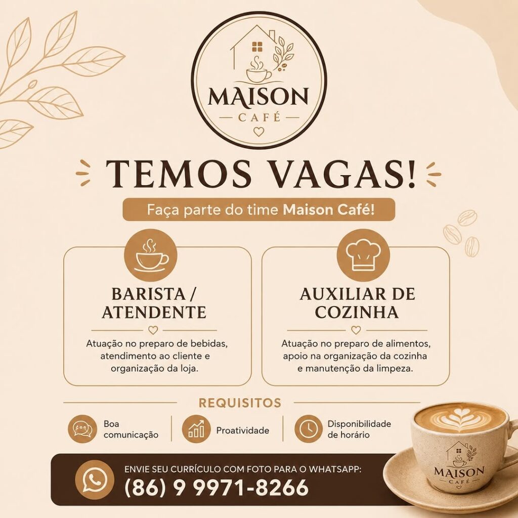 Vaga para Atendente e Auxiliar de Cozinha em Teresina