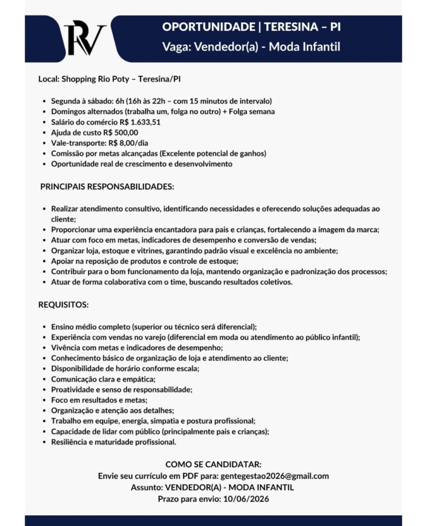 Vaga de emprego para Vendedor(a) em Teresina