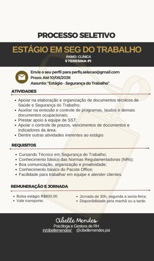 Vaga de Estágio para Segurança do Trabalho