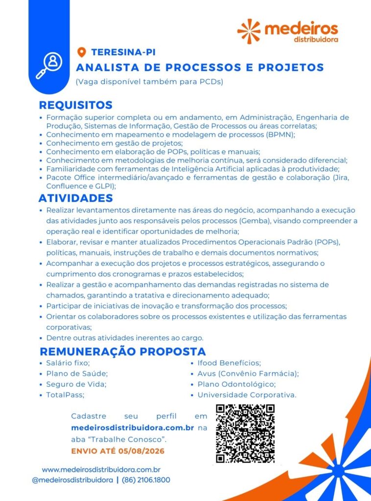 Vaga de emprego para Analista de Processos e Projetos