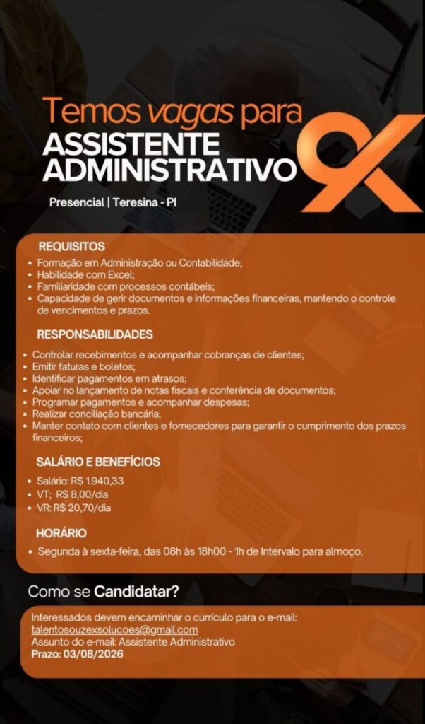 Vaga de emprego para Assistente Administrativo