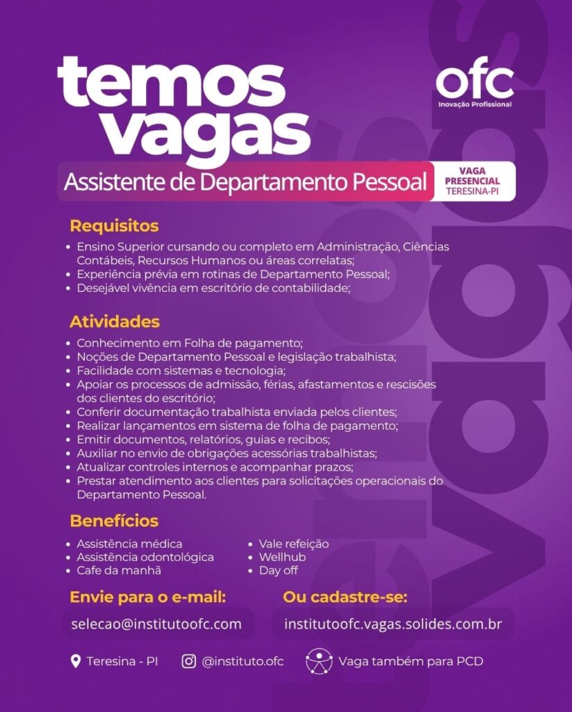 Vaga de emprego para Assistente de DP