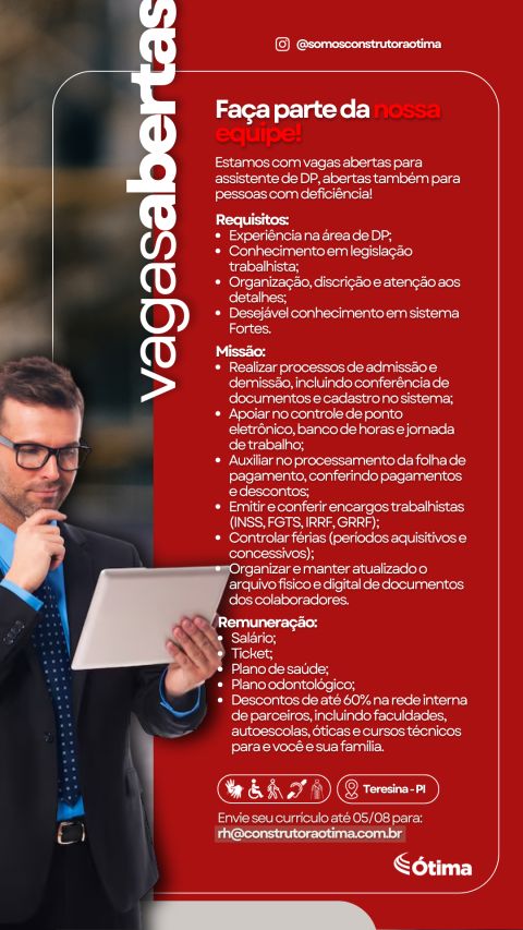 Vaga de emprego para Assistente de DP (PCD)