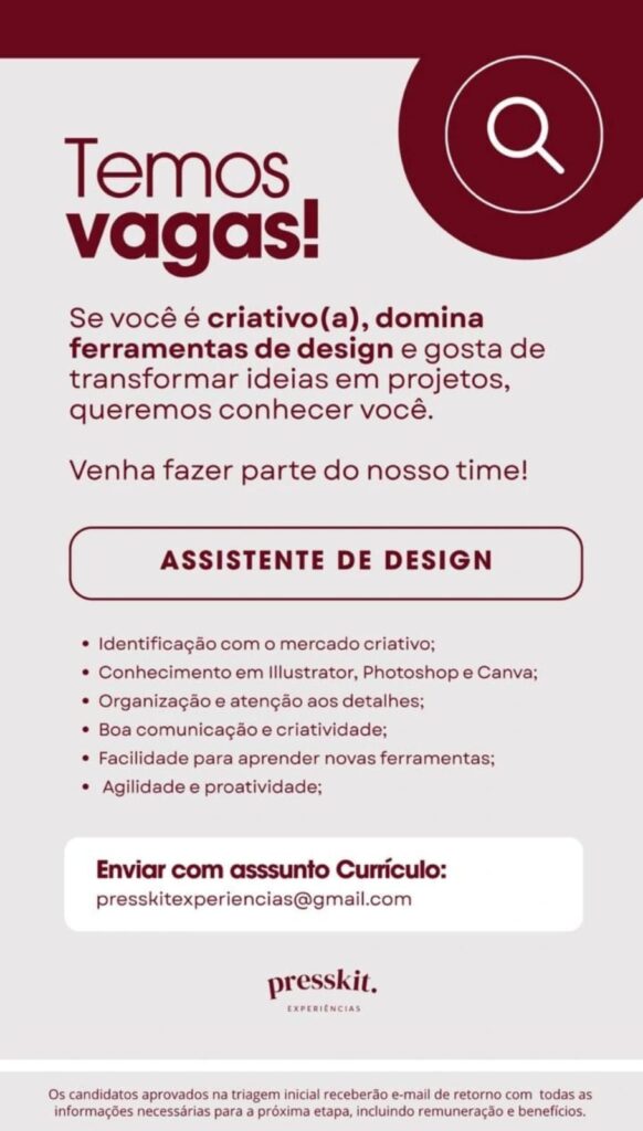 Vaga de emprego para Assistente de Design
