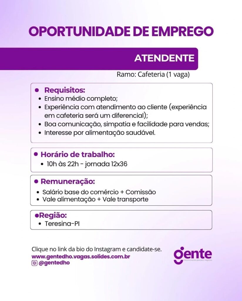 Vaga de emprego para Atendente