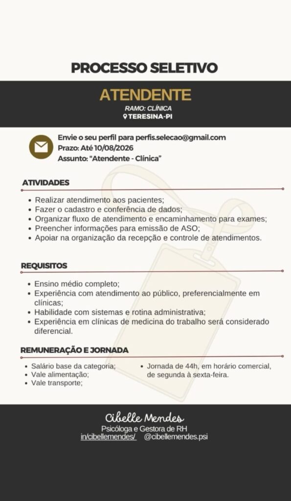 Vaga de emprego para Atendente