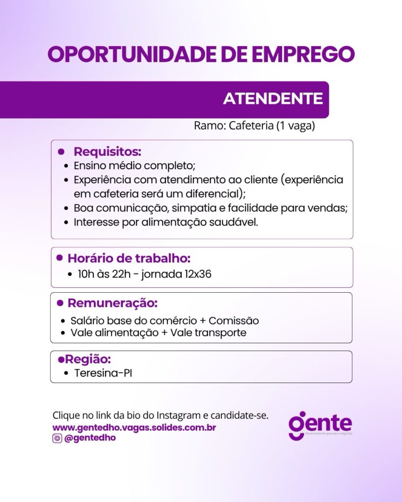 Vaga de emprego para Atendente
