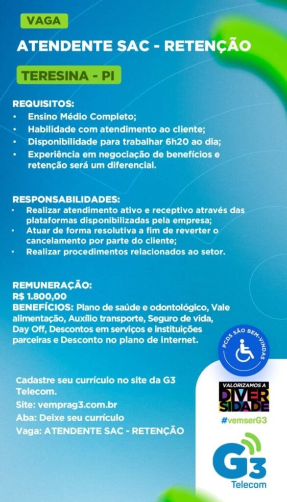 Vaga de emprego para Atendente SAC (Retenção)