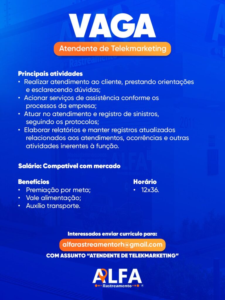 Vaga de emprego para Atendente de Telemarketing