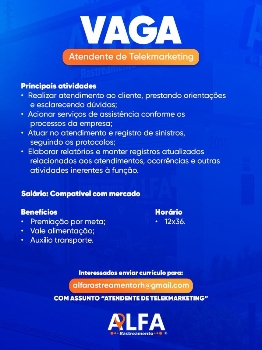 Vaga de emprego para Atendente de Telemarketing