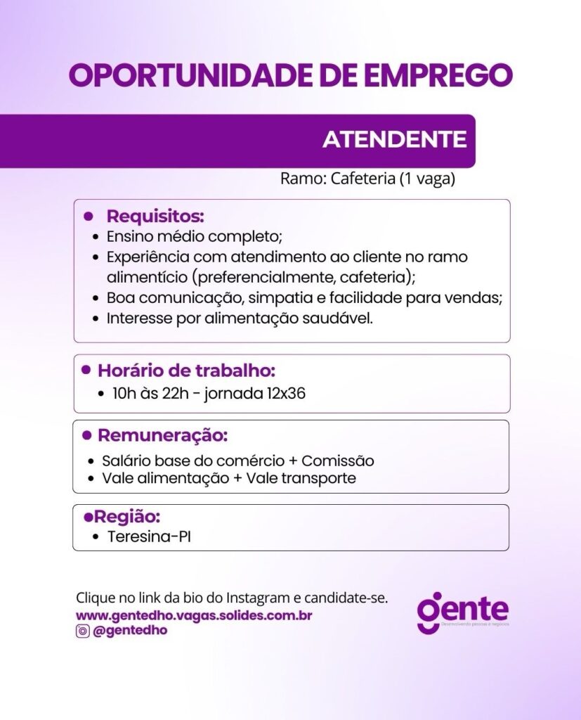 Vaga de emprego para Atendente em Teresina