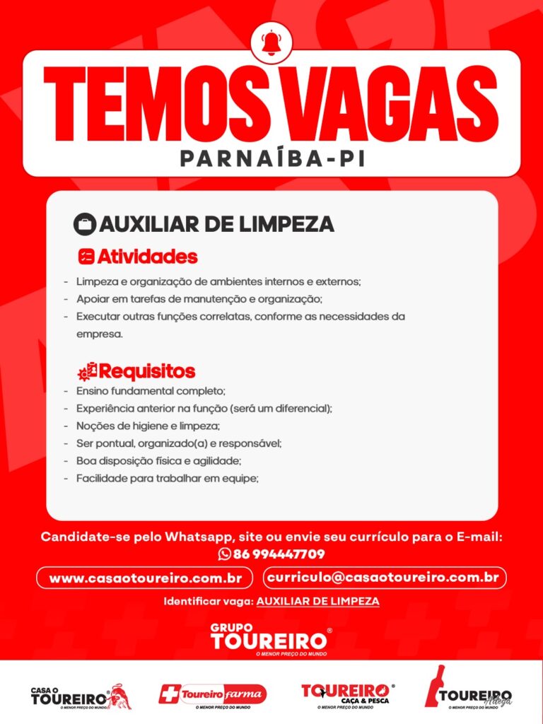 Vaga de emprego para Auxiliar de Limpeza