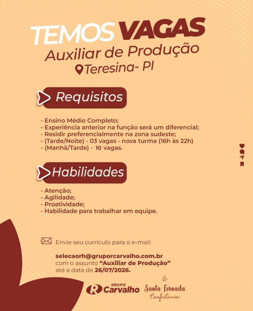 Vaga de emprego para Auxiliar de Produção