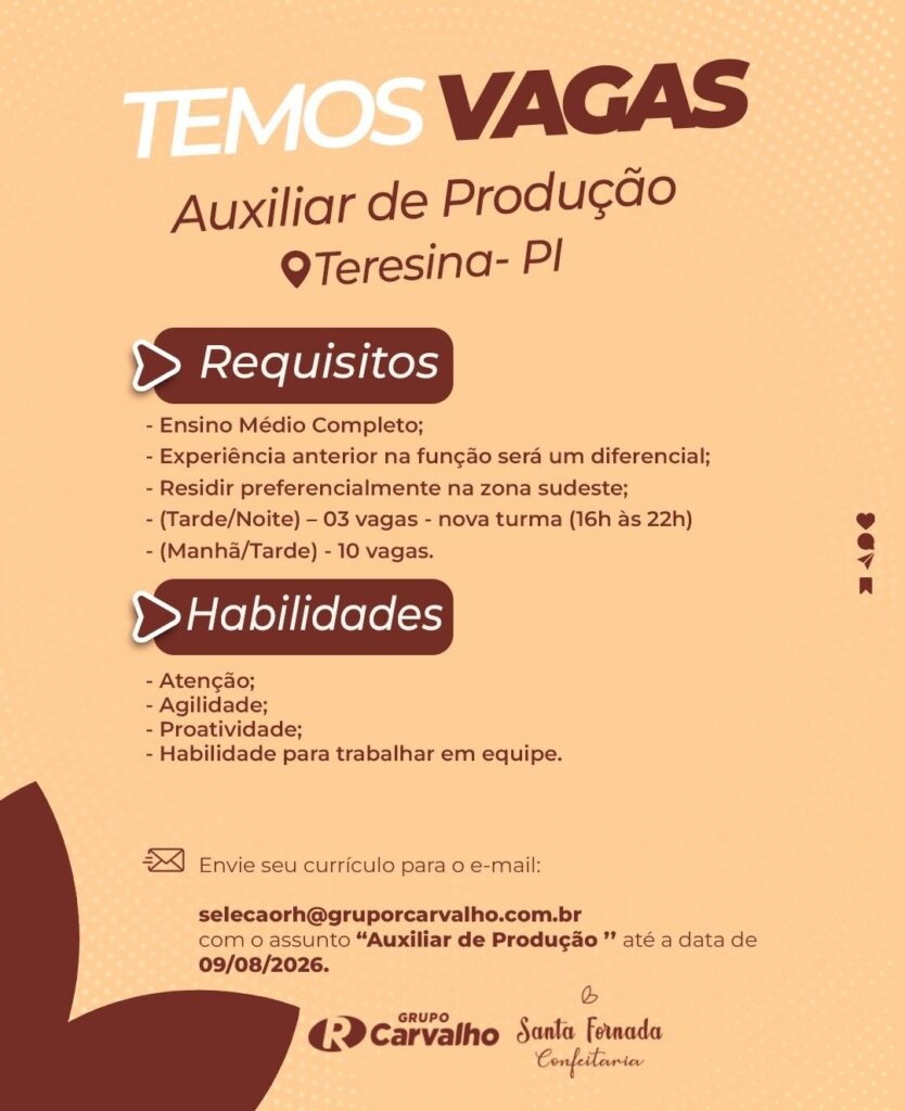 Vaga de emprego para Auxiliar de Produção